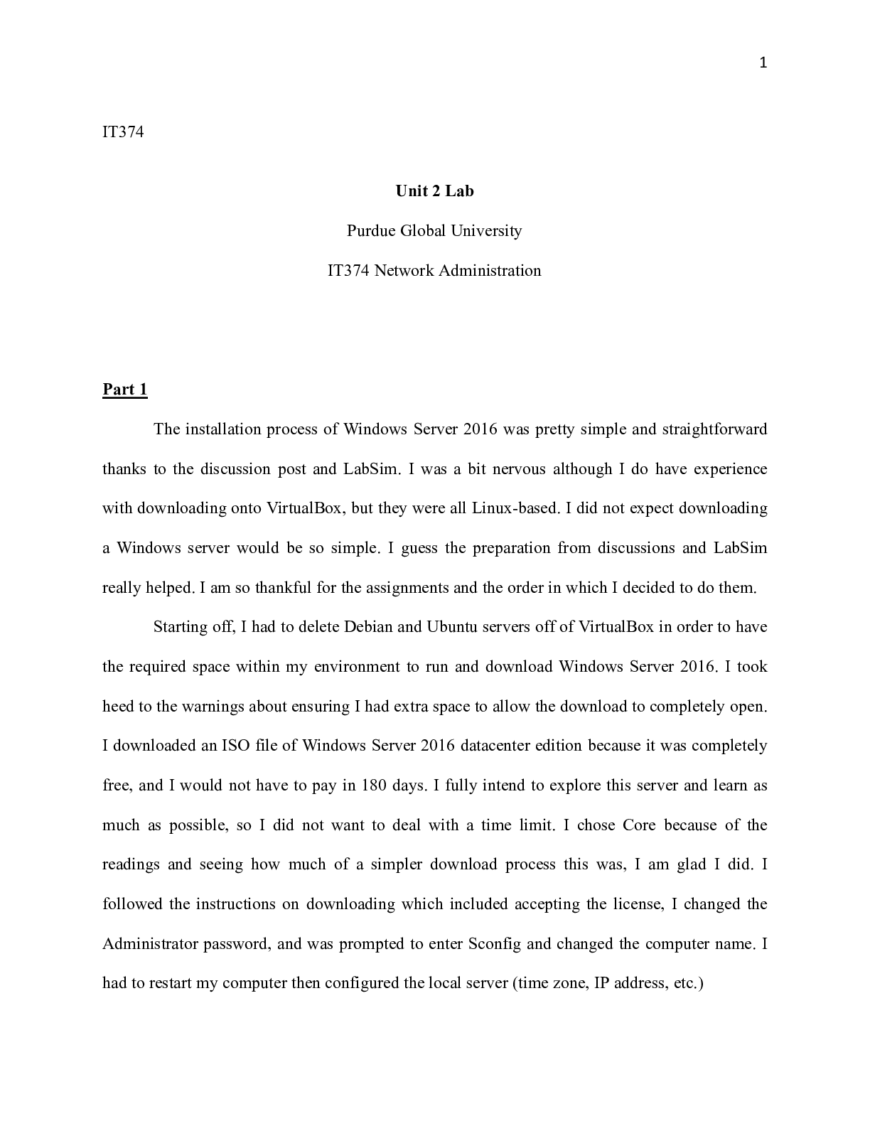 Preview image for IT278  Unit 2 Lab.docx    IT374  Unit 2 Lab  Purdue Global University  IT374 Network Admin